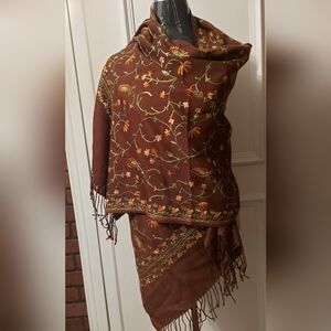 Brown Floral Embroidered Shawl Scarf Boho Chic Revival Artisanal Wrap